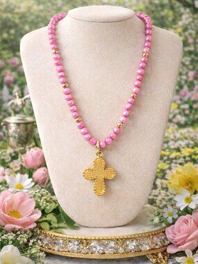 Pink fresh water pearl  Necklace, Gold Cross Pendant Necklace
